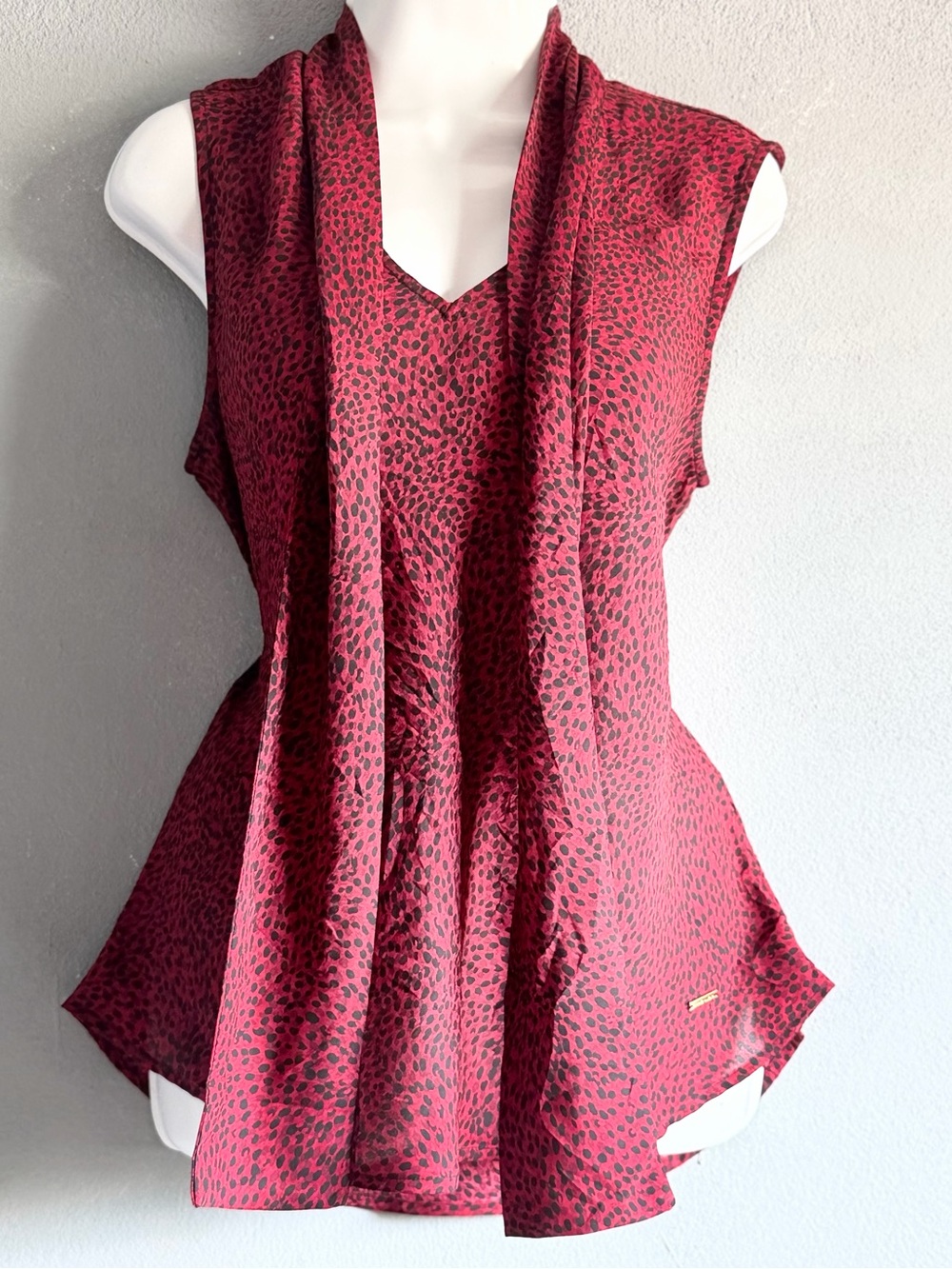 Anne Klein Y2K Burgundy Black Animal Print Draped Tunic Blouse M